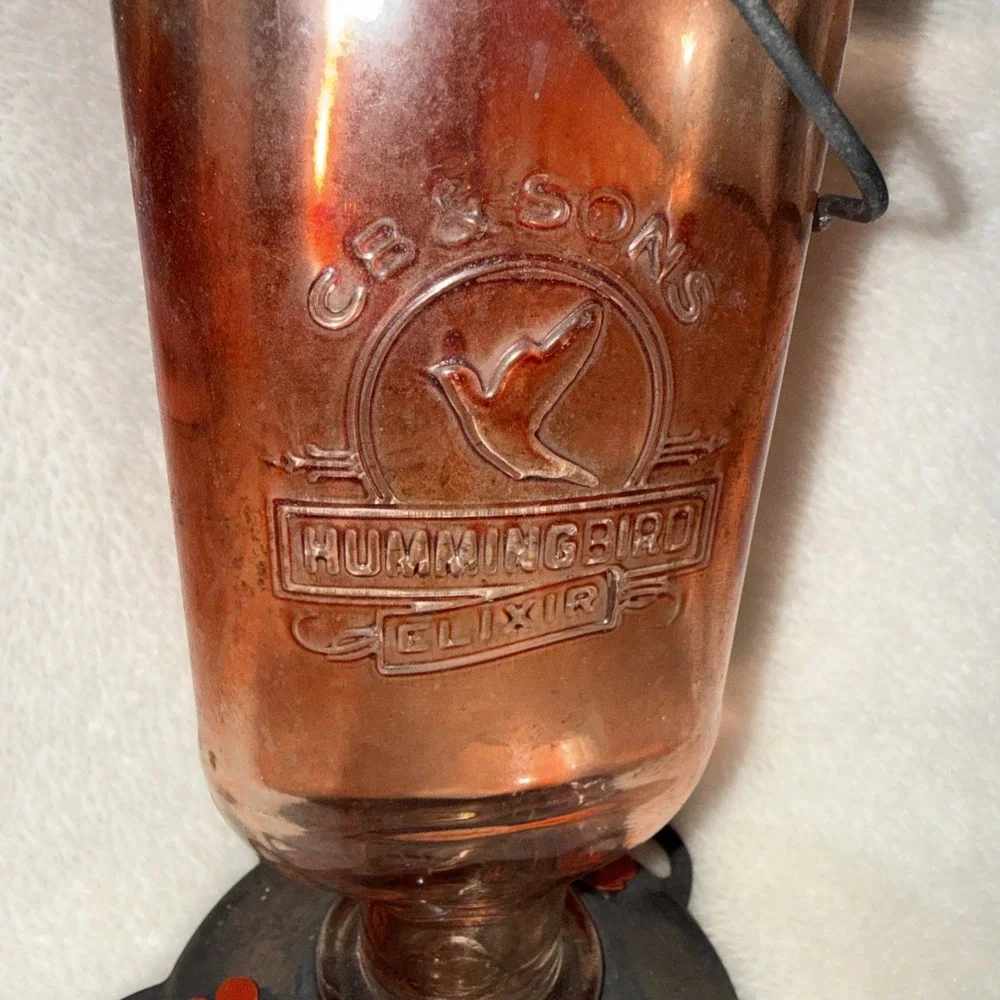 CB & Sons Hummingbird Feeder 5 Port Bottom VTG Red Glass Elixir Medicine Bottle